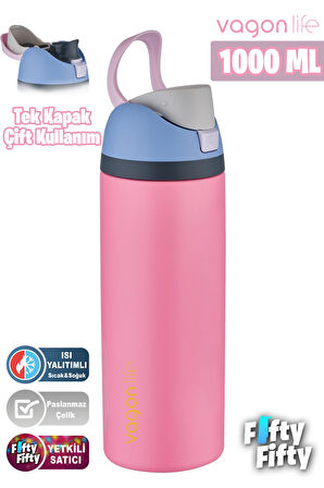 Vagonlife 1000 ML Tek Kapak Çift Kullanım Pipetli/Pipetsiz Taşıma Kulplu Çelik Termos -FFVGN045ML10003RENK