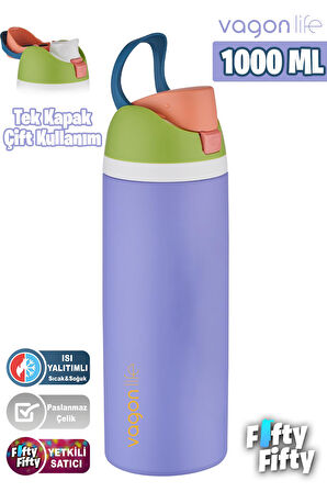 Vagonlife 1000 ML Tek Kapak Çift Kullanım Pipetli/Pipetsiz Taşıma Kulplu Çelik Termos -FFVGN045ML10003RENK