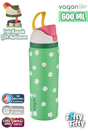 Vagonlife 600 ML Tek Kapak Çift Kullanım Pipetli/Pipetsiz Taşıma Kulplu Çelik Termos -FFVGN044ML600Desenli
