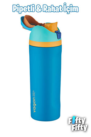 Vagonlife 600 ML Tek Kapak Çift Kullanım Pipetli/Pipetsiz Taşıma Kulplu Çelik Termos -FFVGN0443R600ML