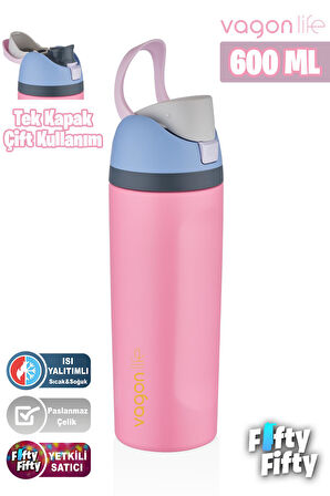 Vagonlife 600 ML Tek Kapak Çift Kullanım Pipetli/Pipetsiz Taşıma Kulplu Çelik Termos -FFVGN0443R600ML