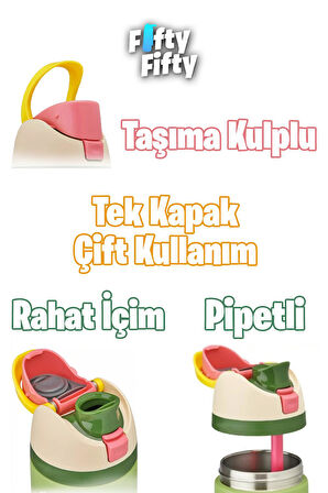 Vagonlife 600 ML Tek Kapak Çift Kullanım Pipetli/Pipetsiz Taşıma Kulplu Çelik Termos -FFVGN0443R600ML