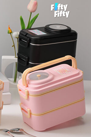 Uzspace 1200 ML İki Kat Dört Bölme Paslanmaz Çelik Lunch Box Yeni Nesil Sefer Tası-Sos Kaseli Model-FFLBOX8023