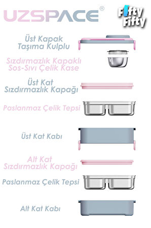 Uzspace 1200 ML İki Kat Dört Bölme Paslanmaz Çelik Lunch Box Yeni Nesil Sefer Tası-Sos Kaseli Model-FFLBOX8023