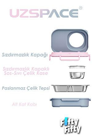 Uzspace 600 ML Çorba Kaseli-Çelik Kaşık Çatallı Paslanmaz Çelik Bento Lunch Box Yeni Nesil Sefer Tası-FFLBOX8021600