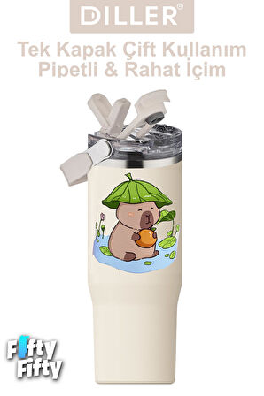 DILLER Tumbler 950 ML Tek Kapak Çift Kullanım Pipetli/Pipetsiz Taşıma Kulplu Çelik Termos-FFDILLERD9358