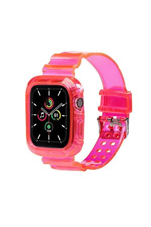 Apple Koruyucu Kasalı Şeffaf Pembe Saat Kordonu, 42,44,45,49 Mm