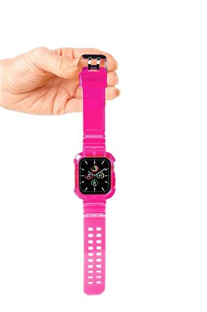 Apple Koruyucu Kasalı Şeffaf Pembe Saat Kordonu, 42,44,45,49 Mm