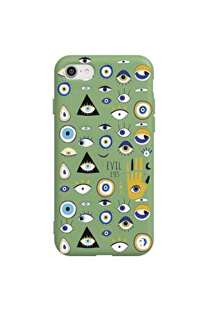 iPhone SE 2020-7-8 Silikon Özel Tasarım Nazar Evil Eyes Üçgen Gözler Yeşil Renkli Telefon Kılıfı