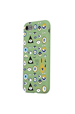 iPhone SE 2020-7-8 Silikon Özel Tasarım Nazar Evil Eyes Üçgen Gözler Yeşil Renkli Telefon Kılıfı