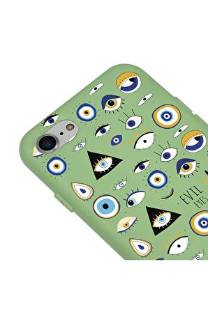 iPhone SE 2020-7-8 Silikon Özel Tasarım Nazar Evil Eyes Üçgen Gözler Yeşil Renkli Telefon Kılıfı