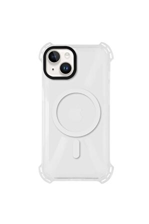iPhone 14 Plus Magsafe Kablosuz Şarj Özellikli Mıknatıslı Transparan Şeffaf Siyah Renkli Kılıf