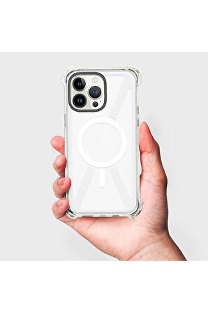 iPhone 14 Plus Magsafe Kablosuz Şarj Özellikli Mıknatıslı Transparan Şeffaf Siyah Renkli Kılıf