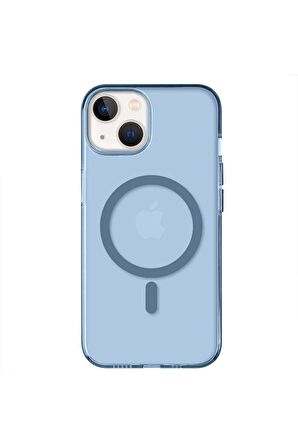 iPhone 14 Plus Magsafe Kablosuz Şarj Özellikli Mıknatıslı Mika Şeffaf Mavi Renkli Kılıf