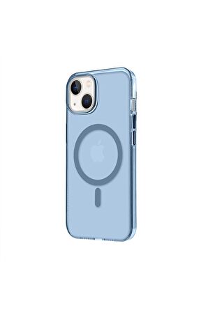 iPhone 14 Plus Magsafe Kablosuz Şarj Özellikli Mıknatıslı Mika Şeffaf Mavi Renkli Kılıf