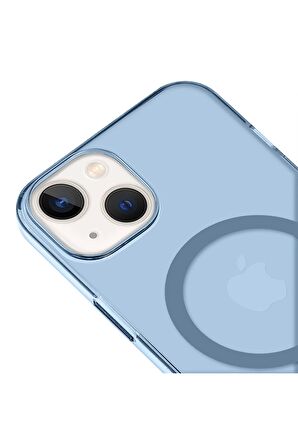 iPhone 14 Plus Magsafe Kablosuz Şarj Özellikli Mıknatıslı Mika Şeffaf Mavi Renkli Kılıf