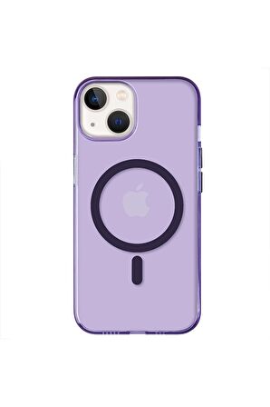 iPhone 14 Plus Magsafe Kablosuz Şarj Özellikli Mıknatıslı Mika Şeffaf Mavi Renkli Kılıf