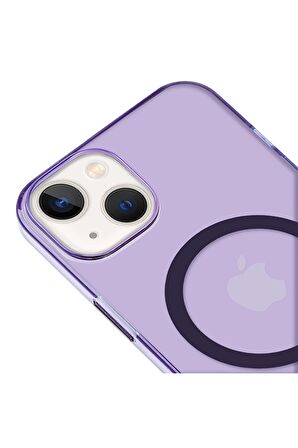 iPhone 14 Plus Magsafe Kablosuz Şarj Özellikli Mıknatıslı Mika Şeffaf Mavi Renkli Kılıf