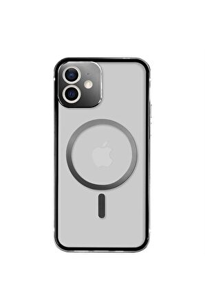 iPhone 12 Magsafe Kablosuz Şarj Özellikli Kamera Korumalı Şeffaf Silver Gümüş Renkli Kılıf