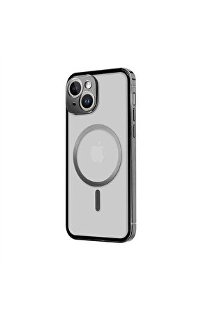 iPhone 14 Magsafe Kablosuz Şarj Özellikli Kamera Korumalı Şeffaf Siyah Renkli Kılıf