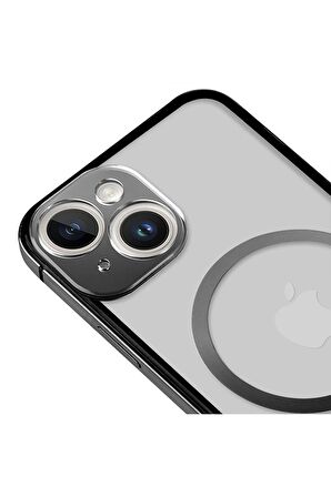 iPhone 14 Magsafe Kablosuz Şarj Özellikli Kamera Korumalı Şeffaf Siyah Renkli Kılıf