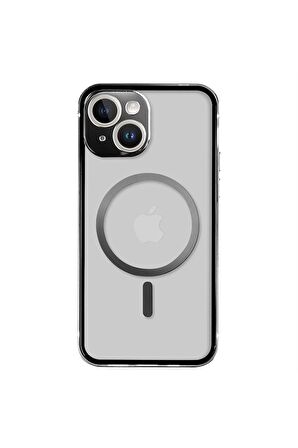 iPhone 14 Plus Magsafe Kablosuz Şarj Özellikli Kamera Korumalı Şeffaf Silver Gümüş Renkli Kılıf