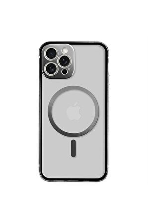 iPhone 13 Pro Max Magsafe Kablosuz Şarj Özellikli Kamera Korumalı Şeffaf Silver Gümüş Renkli Kılıf
