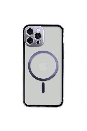 iPhone 14 Pro Magsafe Kablosuz Şarj Özellikli Kamera Korumalı Şeffaf Mor Renkli Kılıf