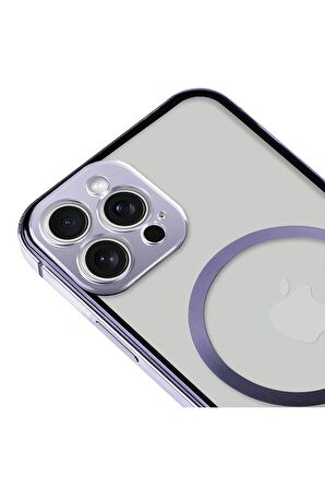 iPhone 14 Pro Magsafe Kablosuz Şarj Özellikli Kamera Korumalı Şeffaf Mor Renkli Kılıf