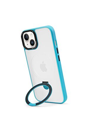 Iphone 14 Magsafe Kablosuz Şarj Standlı Siyah Çerçeveli Renkli Kılıf