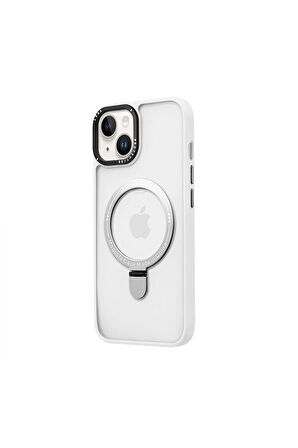 Iphone 14 Plus Magsafe Kablosuz Şarj Standlı Gri Çerçeveli Renkli Kılıf
