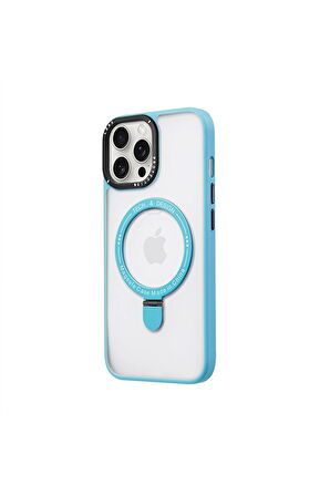 iPhone 13 Pro Magsafe Kablosuz Şarj Standlı Kamera Korumalı Pembe Çerçeveli Renkli Kılıf