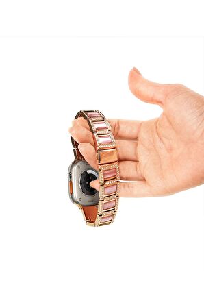 Watch Taşlı Metal Saat Kordonu 38 40 41mm Uyumlu Paslanmaz Çelik Pink Gold Pembe Altın