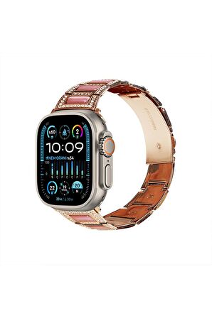 Watch Taşlı Metal Saat Kordonu 42 44 45 49mm Uyumlu Paslanmaz Çelik Pink Gold Pembe Altın