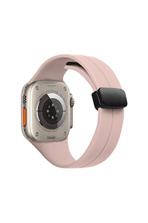 Watch Silikon Mıknatıslı Şık Sade Görünüm 42 44 45 49mm Uyumlu Saat Kordonu Pudra Pembe