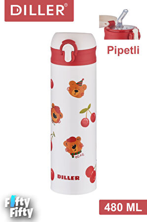 DILLER 480 ML Pipetli Paslanmaz Çelik Termos Vacum Cup Kilitli Kapak  -FFDILLERD9228