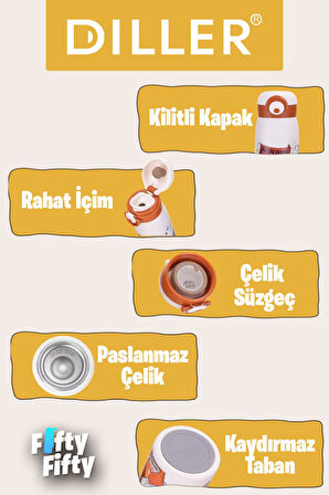 DILLER 500 ML Rahat İçim Paslanmaz Çelik Termos Kilitli Kapak Çelik Süzgeçli -FFDILLERD9214