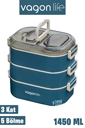 Vagonlife 1450 ML 3 Kat Çelik (2 Kat Kullanılabilir) Bento Lunch Box Yeni Nesil Sefer Tası-FFLBOX7083