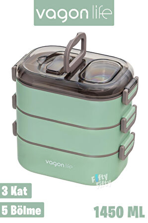 Vagonlife 1450 ML 3 Kat Çelik (2 Kat Kullanılabilir) Bento Lunch Box Yeni Nesil Sefer Tası-FFLBOX7083