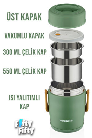 Vagonlife Çelik Yemek Termosu Isı Yalıtımlı 2 Kaseli 1.6LT Sızdırmaz Vakumlu Kap Taşıma Kulplu -FF10082