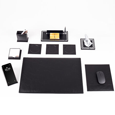 Opta 10 Parça Kurt Biblolu Siyah Deri Sümen Seti Takımı Gümüş Kalem Ofis Masa İsimliği Lüks İsimlik