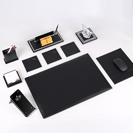 Opta 10 Parça Kurt Biblolu Siyah Deri Sümen Seti Takımı Gümüş Kalem Ofis Masa İsimliği Lüks İsimlik