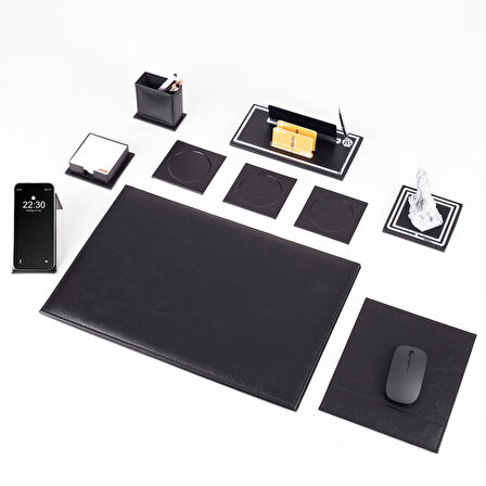 Opta 10 Parça Kurt Biblolu Siyah Deri Sümen Seti Takımı Gümüş Kalem Ofis Masa İsimliği Lüks İsimlik