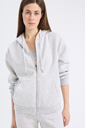 Relax Fit Kapüşonlu Cepli Basic Düz Fermuarlı Sweatshirt