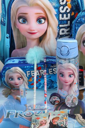 x Dekomus Lisanslı "Fearless Collection" Elsa Frozen Okul ve Kırtasiye Seti Okul,Termoslu Beslenme ve Kalem Çantası,Matara,Beslenme Kabı