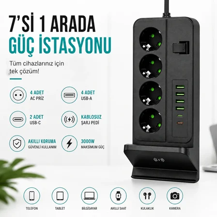 4'lü Akım Korumalı Masaüstü Priz | 4 USB-A + 2 Type-C Hızlı Şarj | Kablosuz Şarj Standlı | 2 Metre Kablolu Çoklu Priz