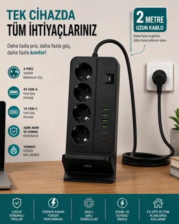 4'lü Akım Korumalı Masaüstü Priz | 4 USB-A + 2 Type-C Hızlı Şarj | Kablosuz Şarj Standlı | 2 Metre Kablolu Çoklu Priz