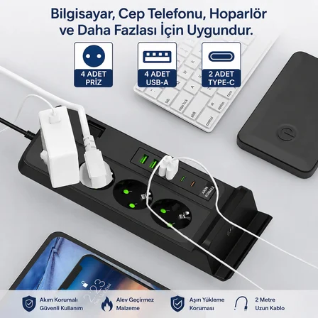 4'lü Akım Korumalı Masaüstü Priz | 4 USB-A + 2 Type-C Hızlı Şarj | Kablosuz Şarj Standlı | 2 Metre Kablolu Çoklu Priz