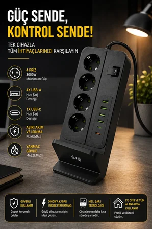 4'lü Akım Korumalı Masaüstü Priz | 4 USB-A + 2 Type-C Hızlı Şarj | Kablosuz Şarj Standlı | 2 Metre Kablolu Çoklu Priz