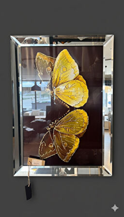Aynalı Kelebek Tablo - Sarı & Gold Işıltısı
